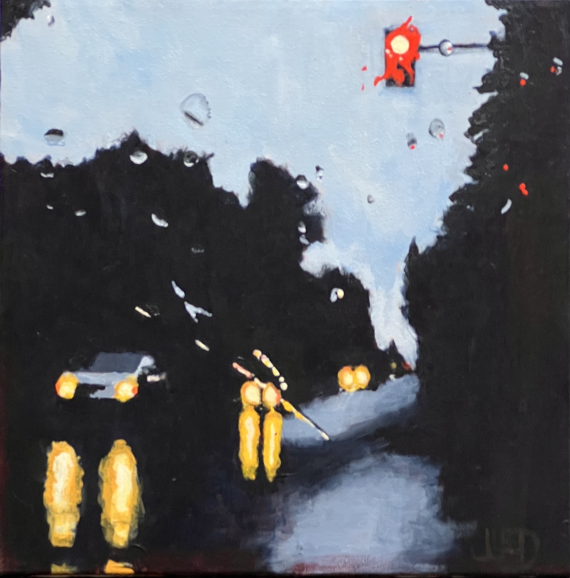 That One Time by Jonathan Gleed, a rain-streaked night road with glowing headlights and a red traffic light